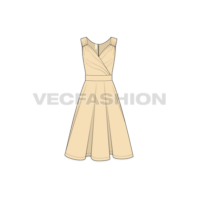 A vector template for Women's Sleeveless Swing Cocktail Dress. It is a fitted dress from the bodice with a very unique styling at the neckline.