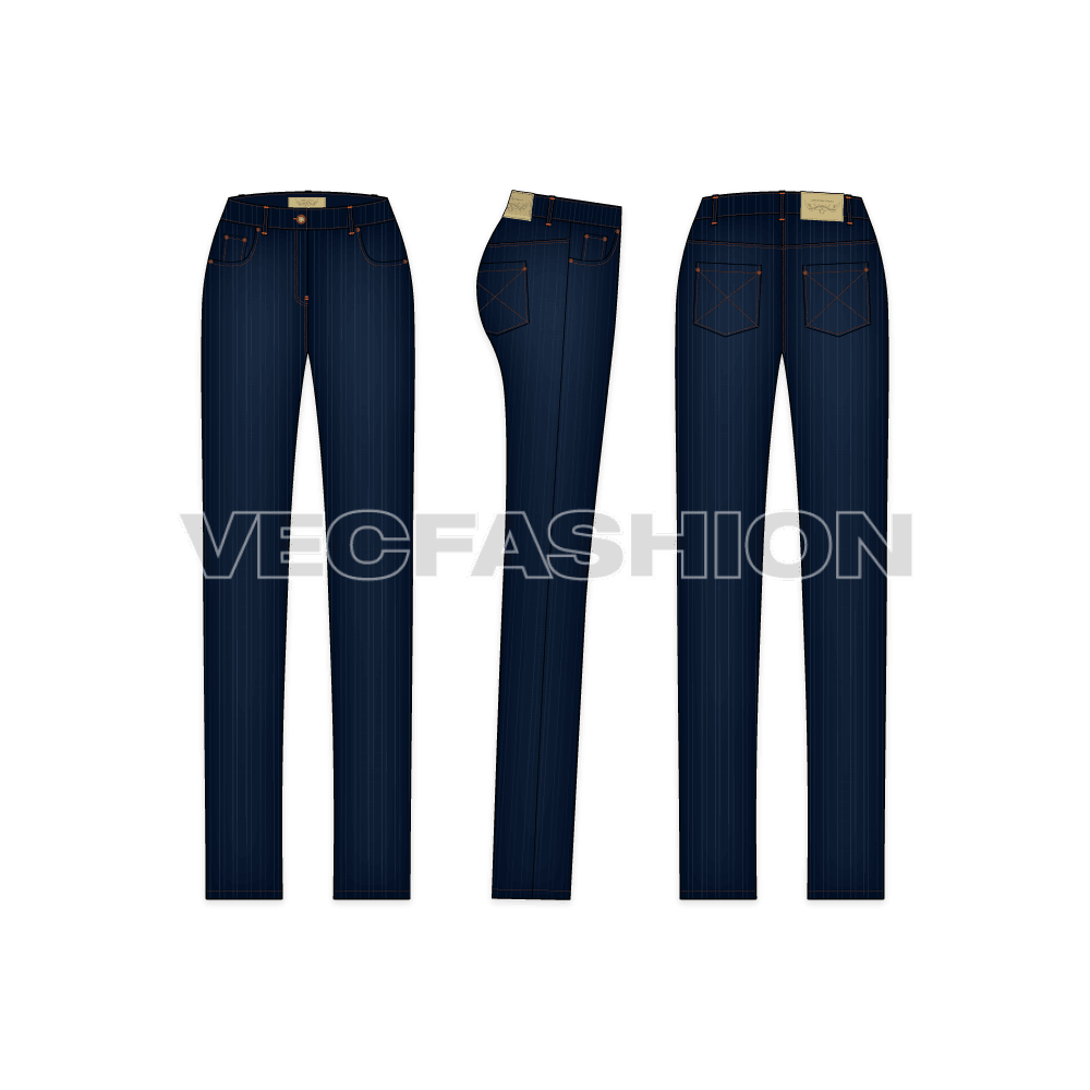 Womens slim fit denim jeans, dark wash flat sketch, showing all views, front, side and back