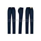 Womens slim fit denim jeans, dark wash flat sketch, showing all views, front, side and back