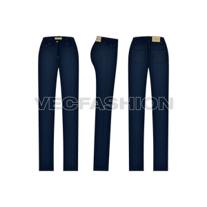 A dark stone washed vector template for Women's Slim Fit Denim Jeans. This template includes Metal Shank on waist band, Metal Rivets,  PU Label, Back Pocket PU Label, Belt Loops with Bar Tack Stitch and Double Needle Stitch on all over garment.