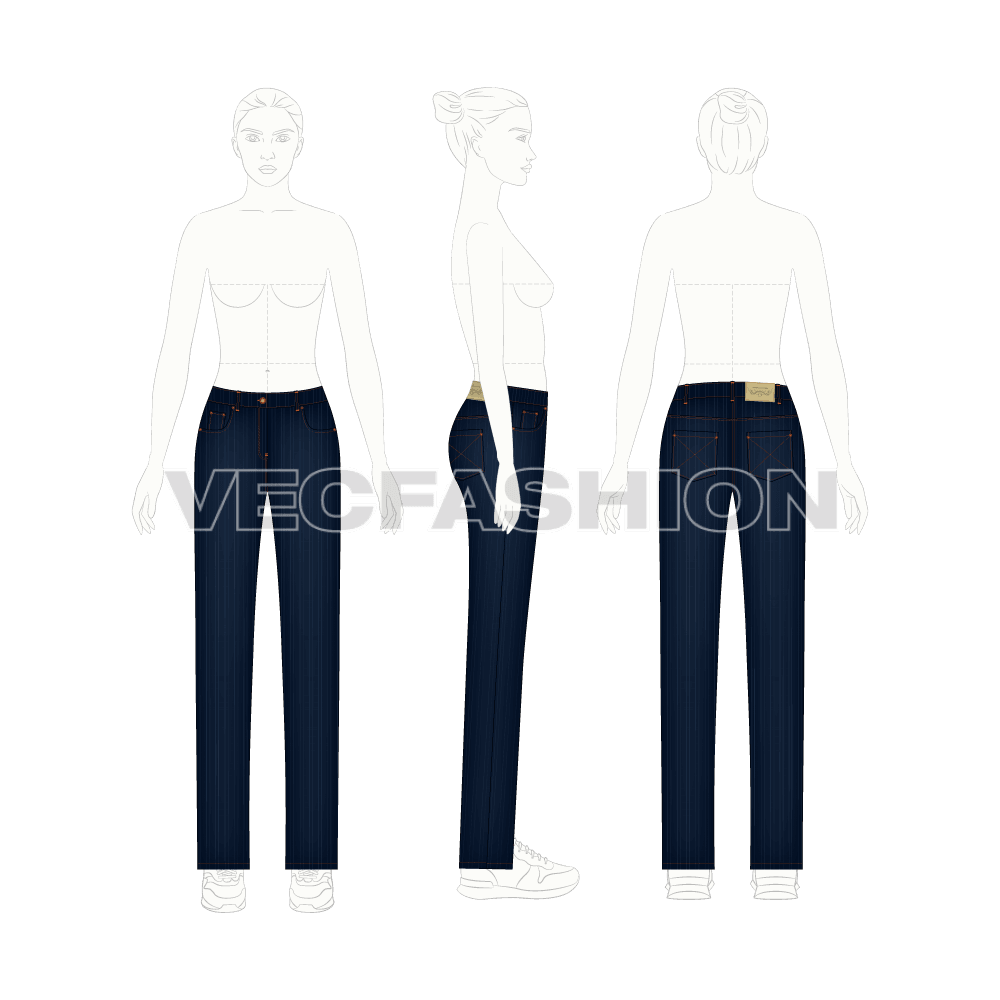 Womens slim fit denim jeans, dark wash flat sketch, on croqui