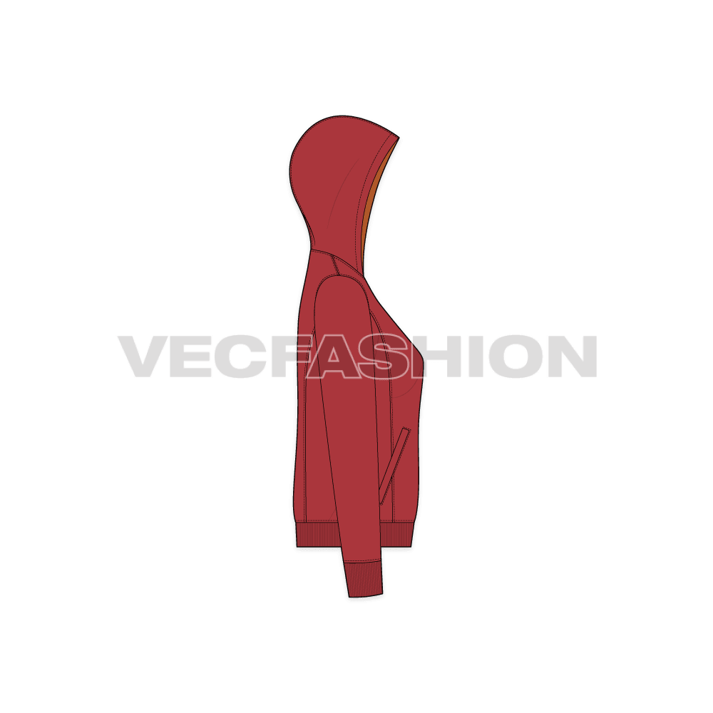 Womens slim fit hoodie flat sketch, side view
