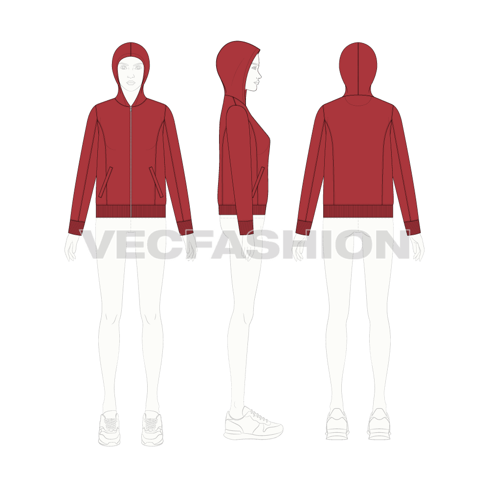 Womens slim fit hoodie flat sketch, croqui sketch