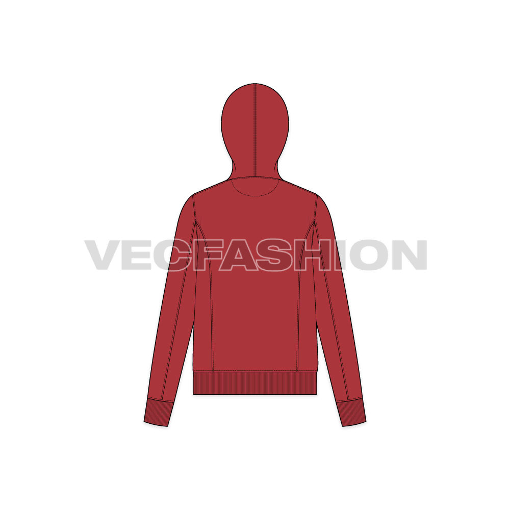 Womens slim fit hoodie flat sketch, back view