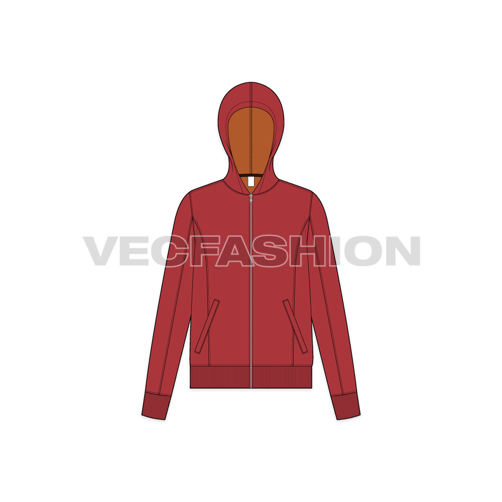 Womens slim fit hoodie flat sketch, front view