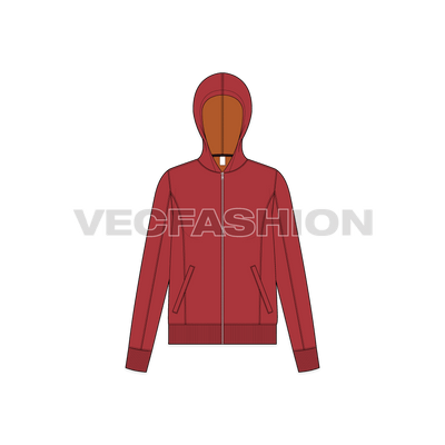 A new fashion flat for Women's Slim Fit Hoodie. It is colored in maroon color with contrast colored lining. 