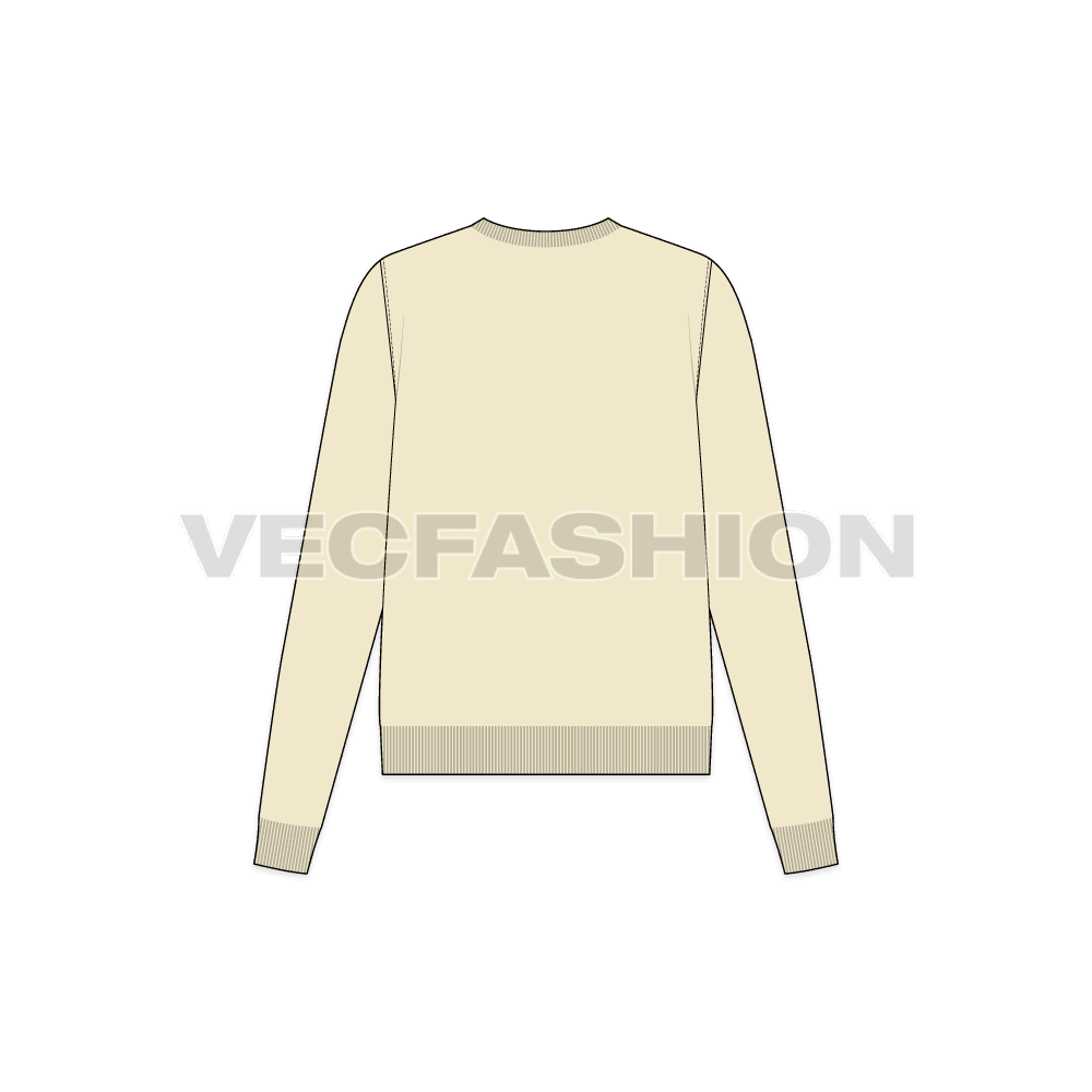 A clean template in ecru color of Women's Slim Fit Knitted Sweater. This template is showing some folds details and self snugging knitting at Neckline, Sleeve and bottom hem.