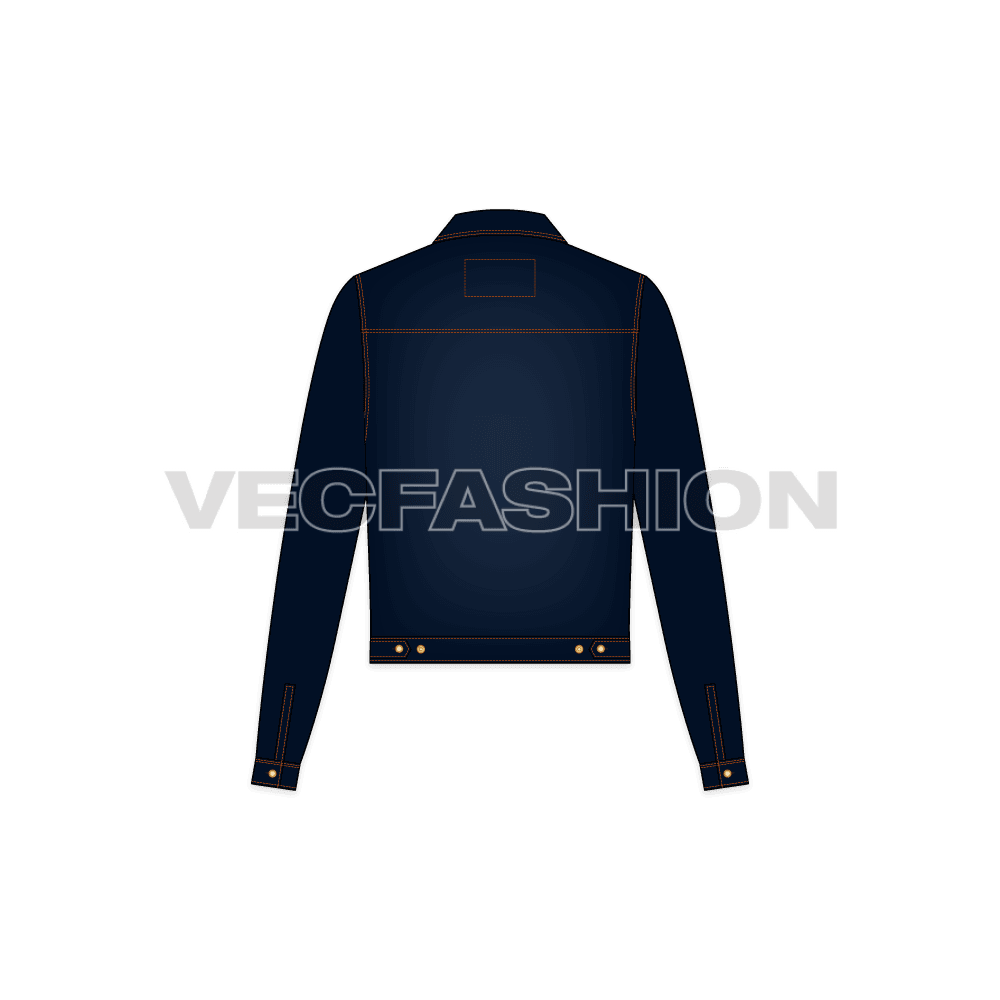 Women's Slim Fit Short Body Denim Jacket flat sketch, back view