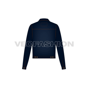 This is a Short Body Women’s Denim Jacket ending somewhere around Waist Line with Front Forward Shoulder Seams and Back Yoke. It has two Pockets on front with Metal Buttons and two PU Labels, one for Main Label and other one is a decorative branding label stitched on collar inside.