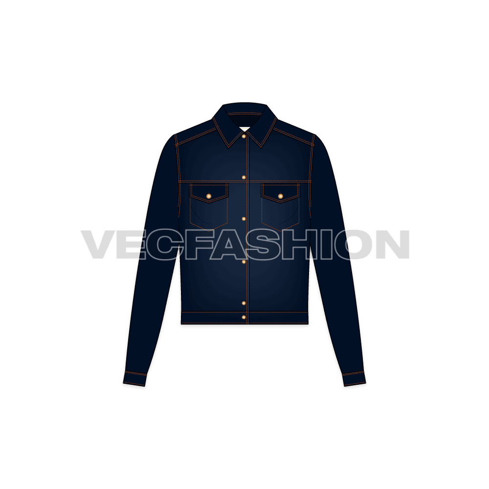 Women's Slim Fit Short Body Denim Jacket flat sketch, front view