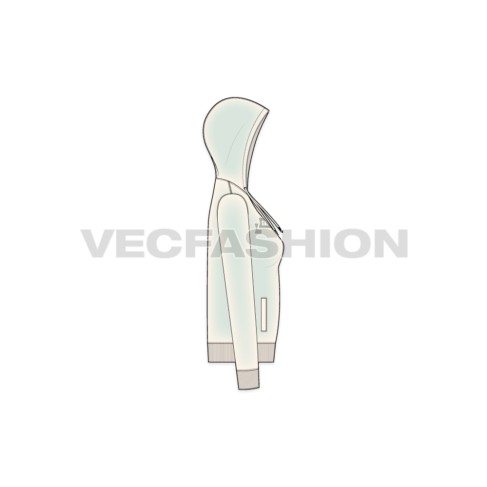 Womens slim fit sport hoodie flat sketch, side view