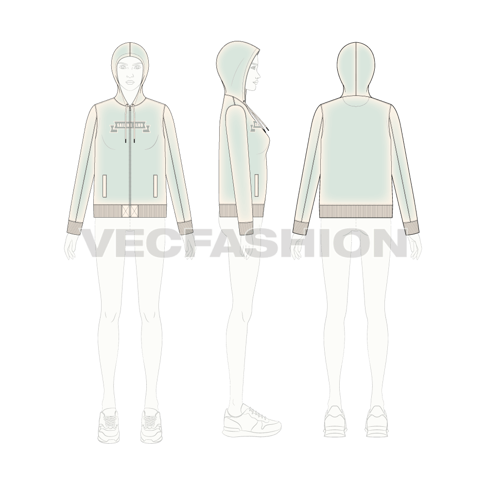 Womens slim fit sport hoodie flat sketch, croqui sketch