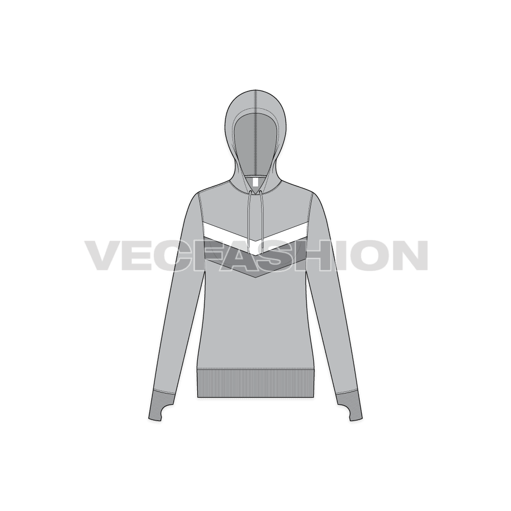Womens slim fit sport hoodie, thumb hole flat sketch, front view
