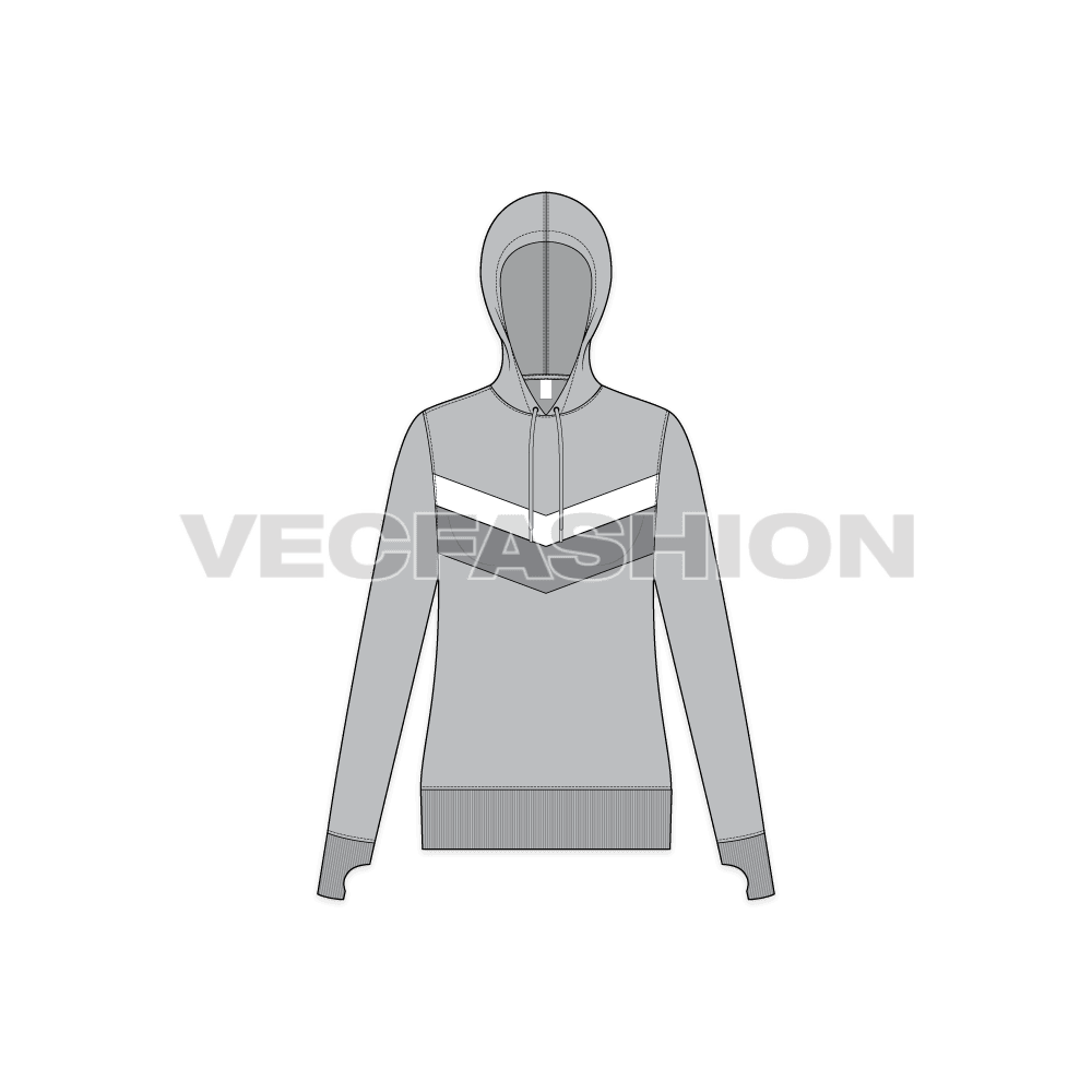 A new vector sketch illustrator template of Women's Slim Fit Sport Hoodie. It has v shape contrast panels on chest with long stylized draw cord on hoodie. The sleeve cuffs are longer and have cutout for thumb hole.