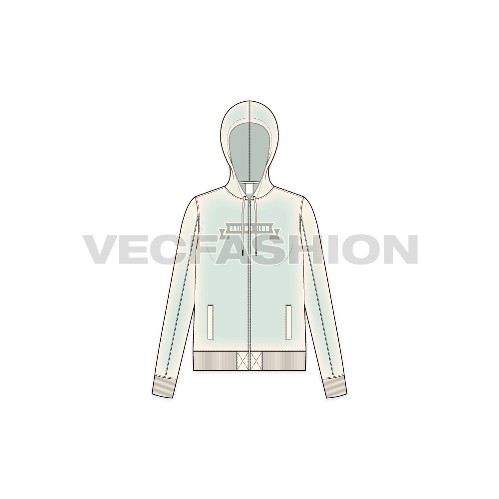 Womens slim fit sport hoodie flat sketch, front view