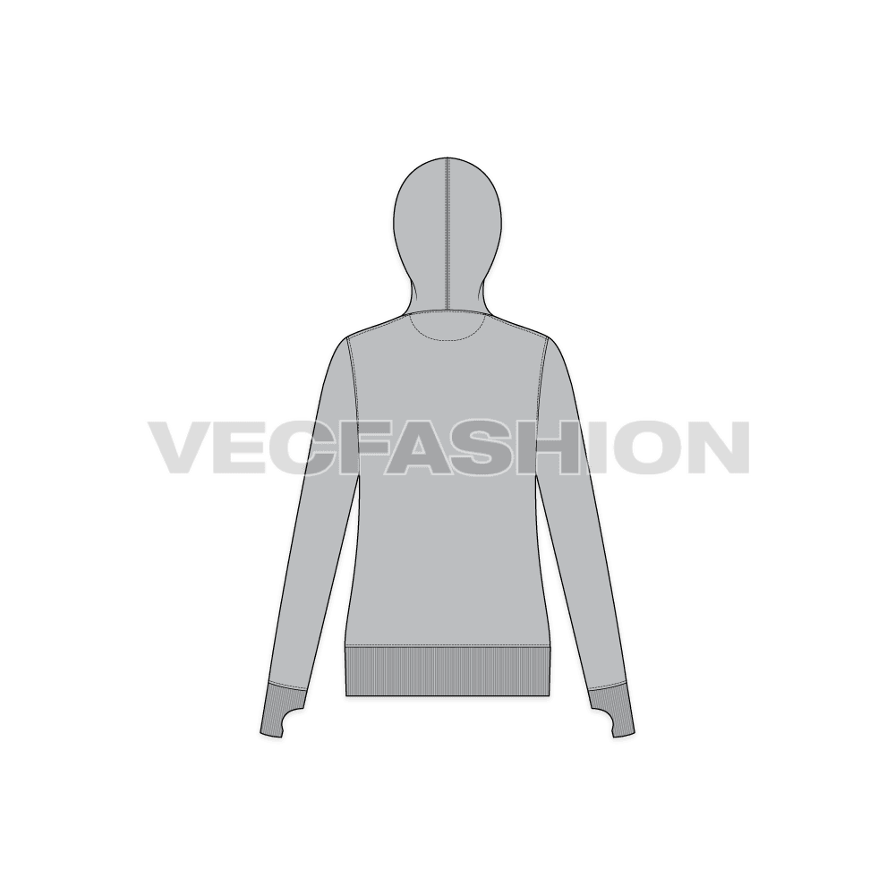 Womens slim fit sport hoodie, thumb hole flat sketch, back view