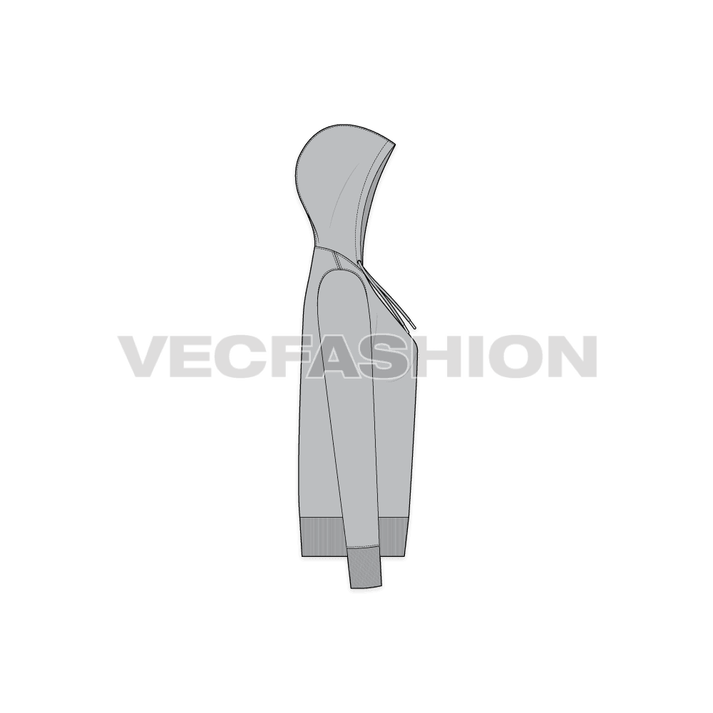Womens slim fit sport hoodie, thumb hole flat sketch, side view