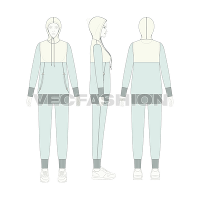 An editable vector template for Women's Slim Fit Sweatsuit. It has a longer length hoodie with wider ribbed cuffs. The top bodice yoke is contrast with white colored hoodie.