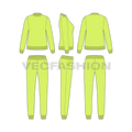 Womens slim fit sweatsuit, neon green flat sketch, showing all views, front, side and back