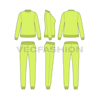 Womens slim fit sweatsuit, neon green flat sketch, showing all views, front, side and back