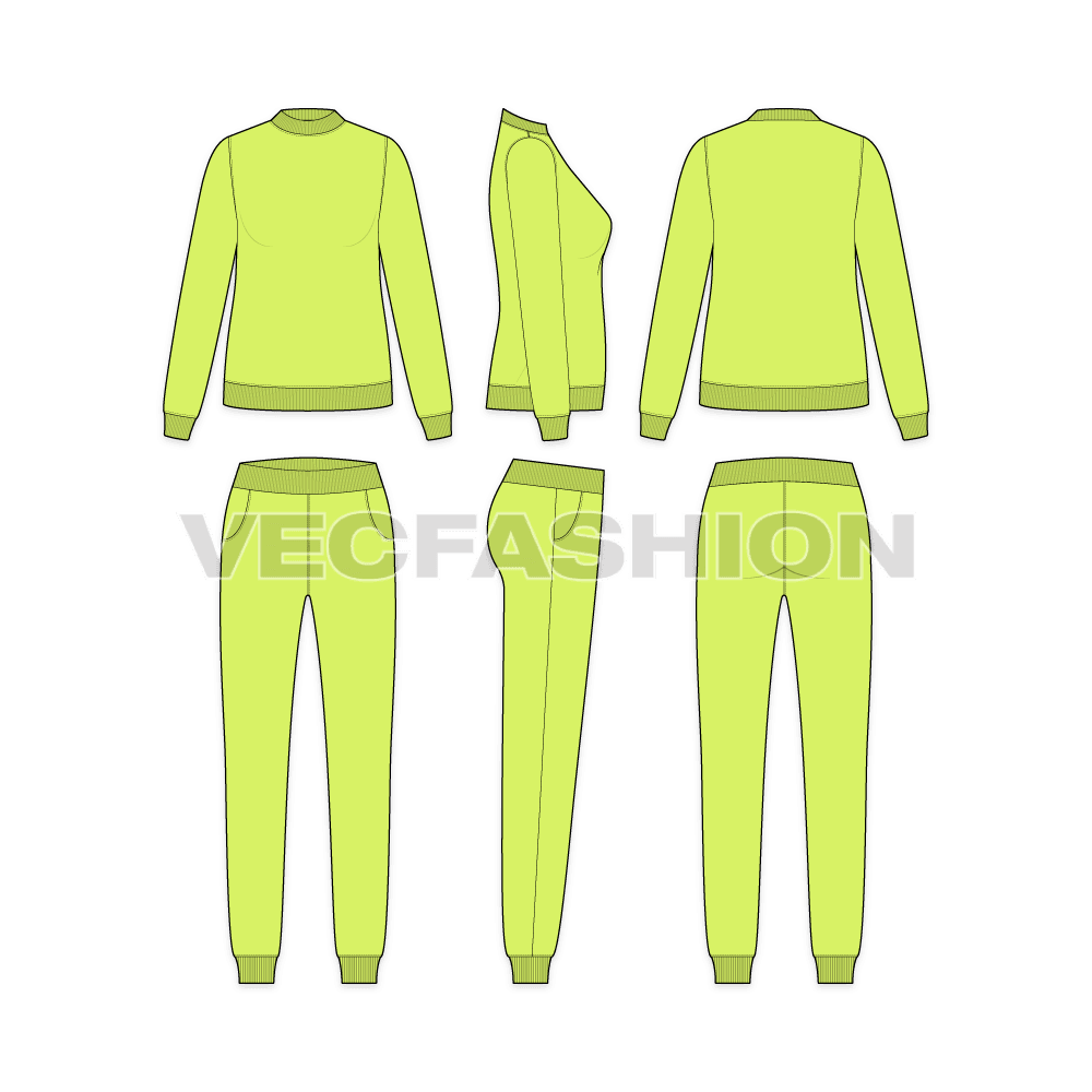 Womens slim fit sweatsuit, neon green flat sketch, showing all views, front, side and back
