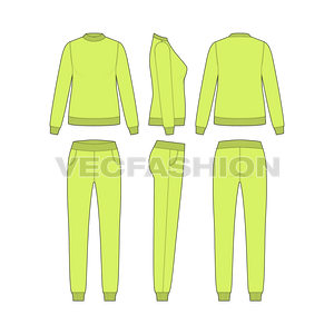 An editable vector template for Women's Slim Fit Sweatsuit. It has Neon Green color Crewneck Sweatshirt comes with a slim fit pants all in matching color.