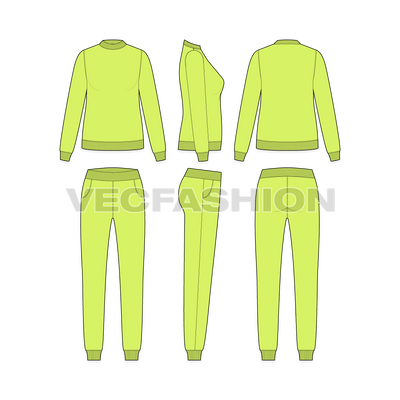 Womens slim fit sweatsuit, neon green flat sketch, showing all views, front, side and back