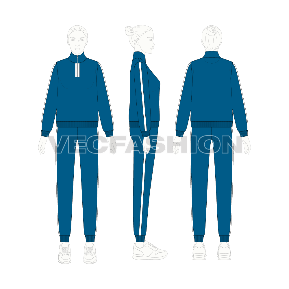 A fully editable vector sketch template of Women's Slim Fit Sweatsuit. It is a slim fit sweatsuit with mock neck collar and contrast colored stripe on the sides.