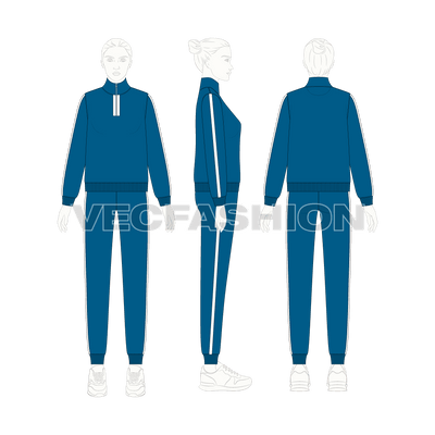 A fully editable vector sketch template of Women's Slim Fit Sweatsuit. It is a slim fit sweatsuit with mock neck collar and contrast colored stripe on the sides.