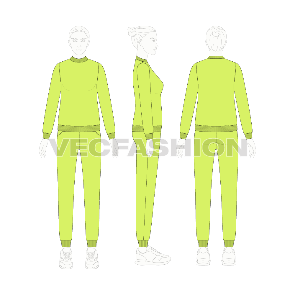 Womens slim fit sweatsuit, neon green flat sketch, on croqui