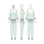 Womens slim fit sweatsuit, contrast yoke flat sketch, showing all views, front, side and back
