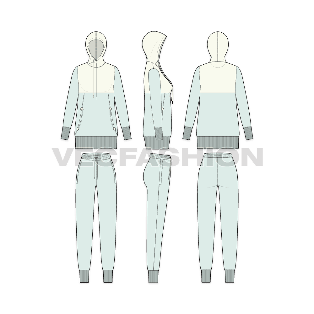 An editable vector template for Women's Slim Fit Sweatsuit. It has a longer length hoodie with wider ribbed cuffs. The top bodice yoke is contrast with white colored hoodie. 