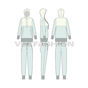 An editable vector template for Women's Slim Fit Sweatsuit. It has a longer length hoodie with wider ribbed cuffs. The top bodice yoke is contrast with white colored hoodie. 