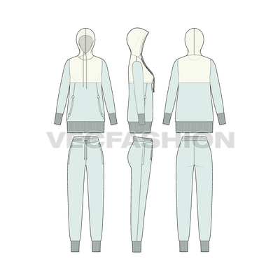 Womens slim fit sweatsuit, contrast yoke flat sketch, showing all views, front, side and back
