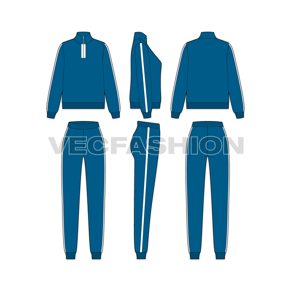 Womens slim fit sweatsuit, mock neck flat sketch, showing all views, front, side and back