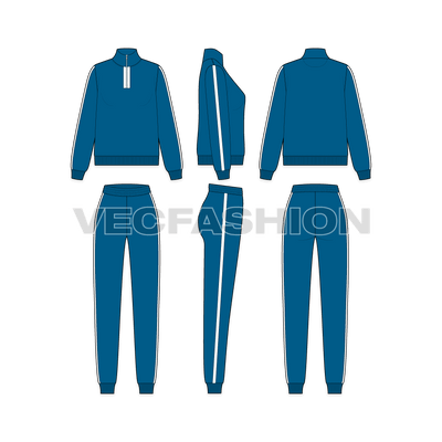 Womens slim fit sweatsuit, mock neck flat sketch, showing all views, front, side and back