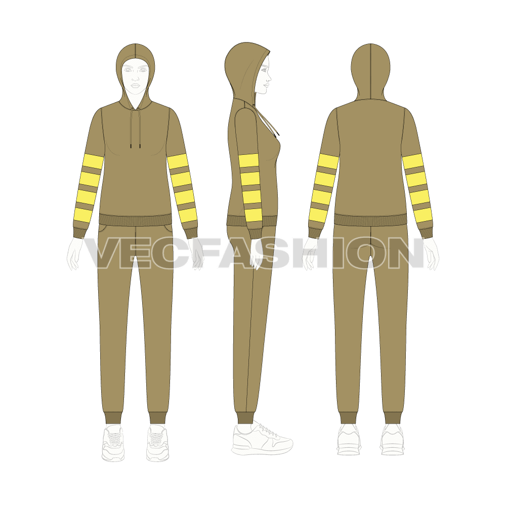 Womens slim fit tracksuit, neon panel flat sketch, on croqui