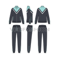 Womens slim fit tracksuit flat sketch, showing all views, front, side and back