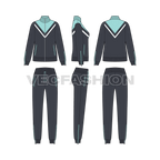 Womens slim fit tracksuit flat sketch, showing all views, front, side and back