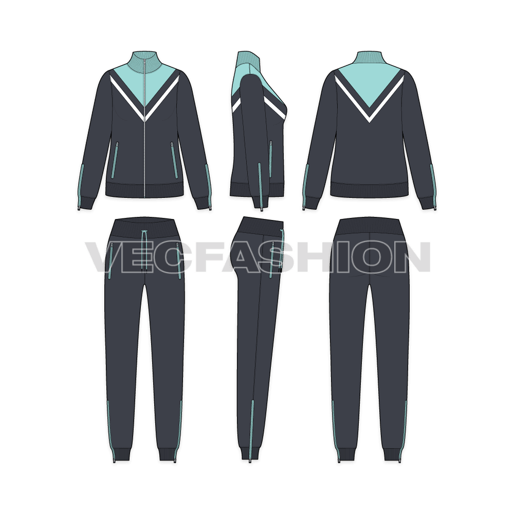 Womens slim fit tracksuit flat sketch, showing all views, front, side and back