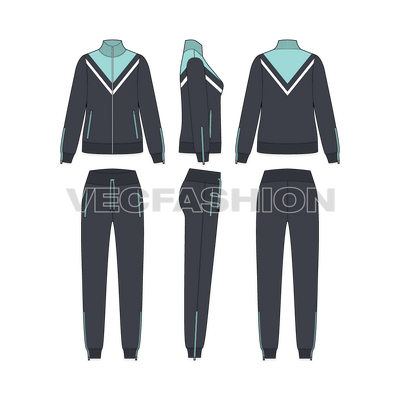Womens slim fit tracksuit flat sketch, showing all views, front, side and back