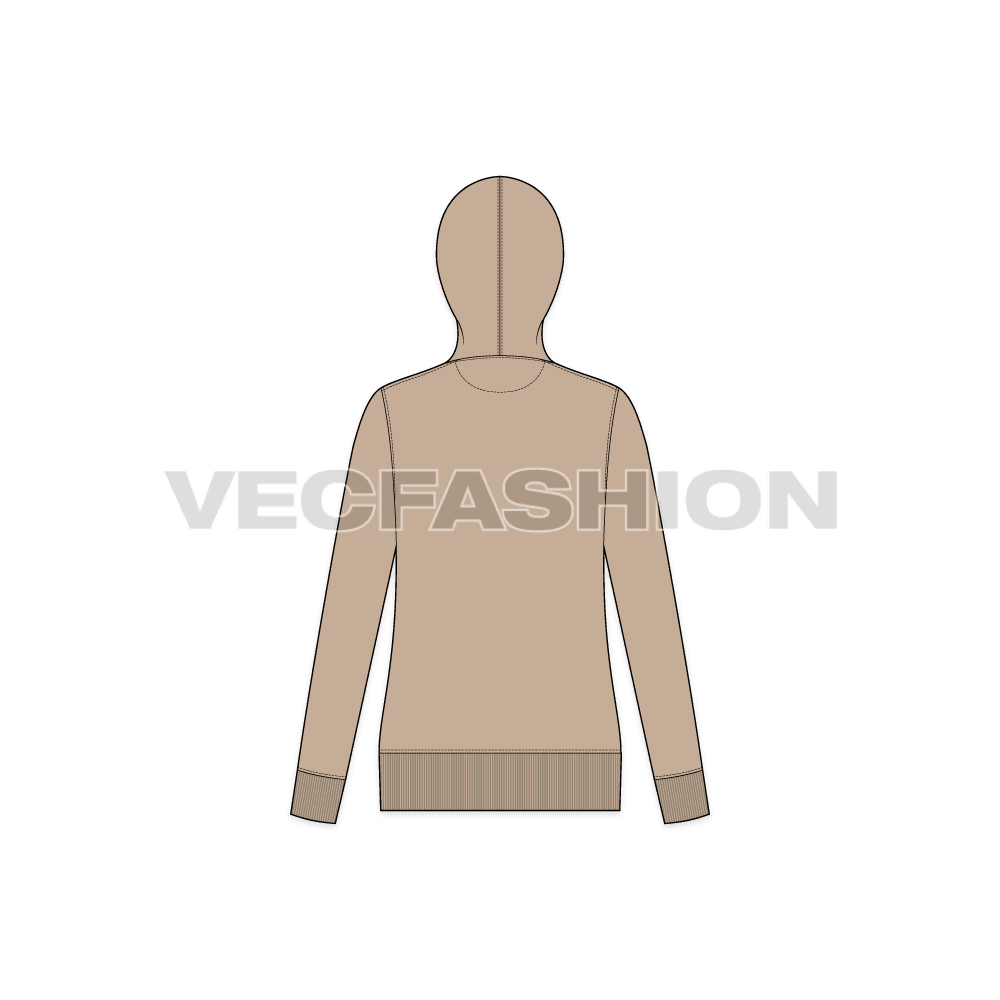 A vector illustrator sketch template of Women's Slim Fit Full Length Vector Hoodie. It has a stylized front with tilted zipper and contrast colored drawstrings. There are side pockets with leather locks to reinforce stress points.