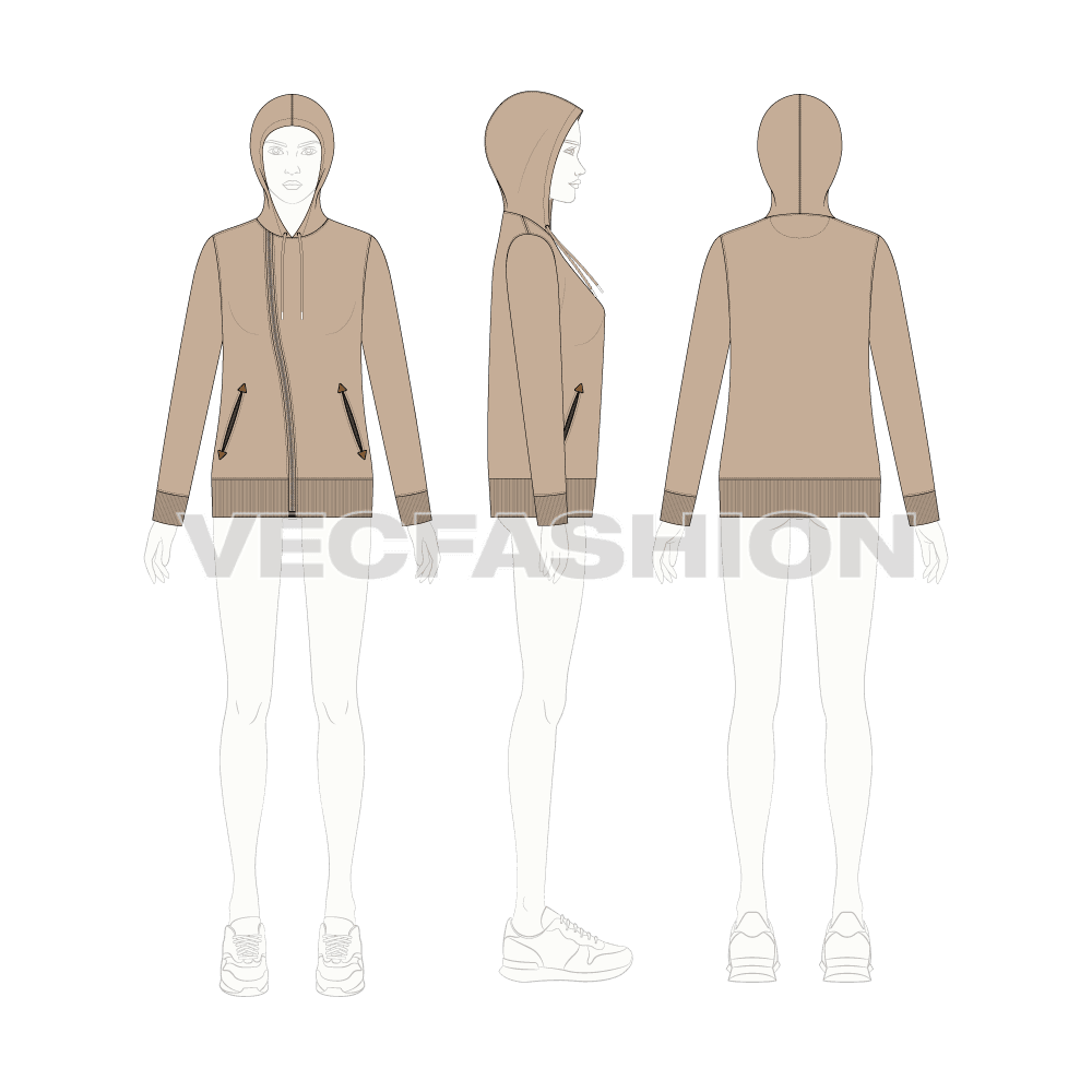 Womens slim fit vector hoodie flat sketch, croqui sketch