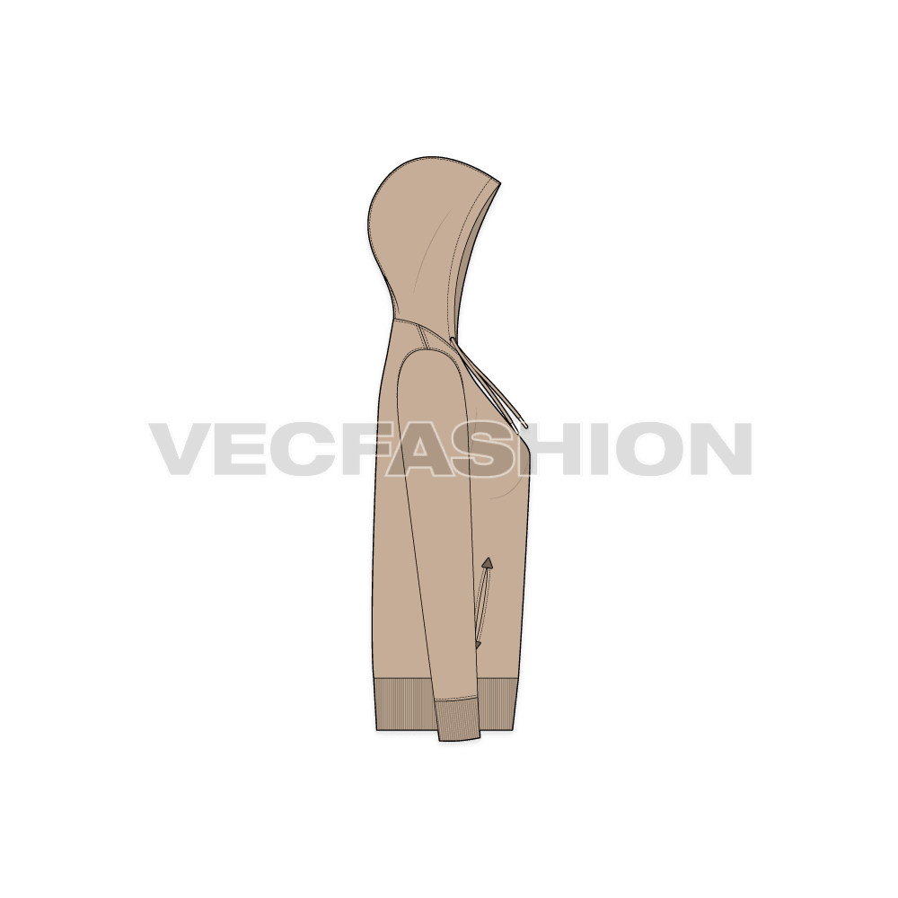 Womens slim fit vector hoodie flat sketch, side view