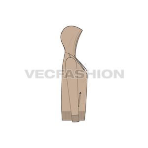 A vector illustrator sketch template of Women's Slim Fit Full Length Vector Hoodie. It has a stylized front with tilted zipper and contrast colored drawstrings. There are side pockets with leather locks to reinforce stress points.