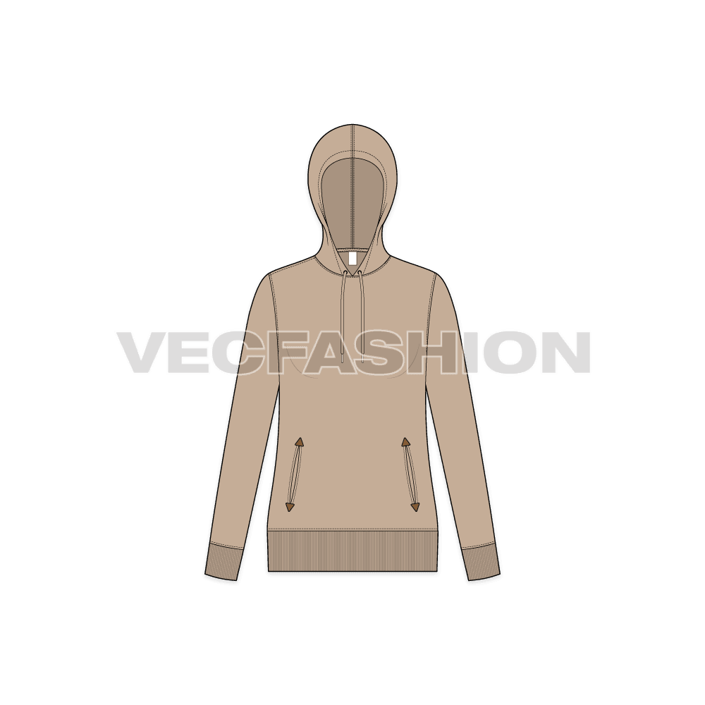 Womens slim fit vector hoodie flat sketch, front view