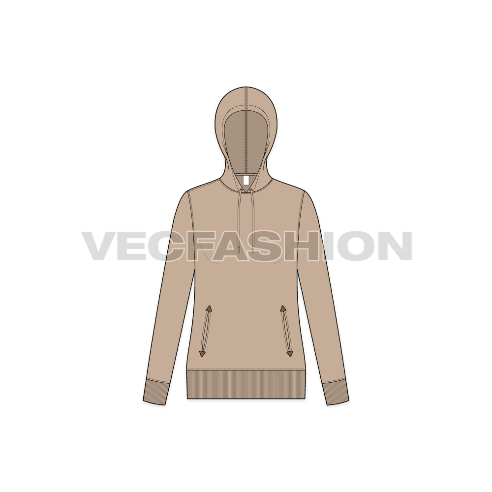A vector illustrator sketch template of Women's Slim Fit Full Length Vector Hoodie. It has a stylized front with tilted zipper and contrast colored drawstrings. There are side pockets with leather locks to reinforce stress points.