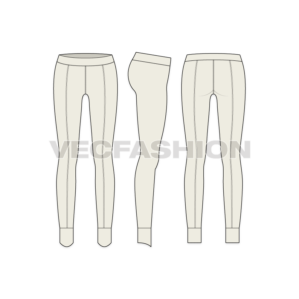 Womens slim leg stirrup pants flat sketch, showing all views, front, side and back