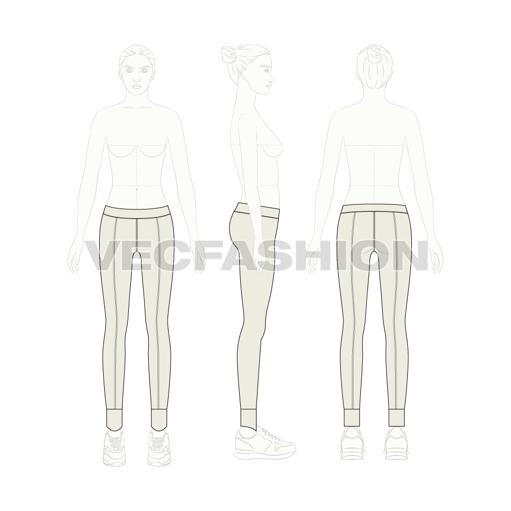 Womens slim leg stirrup pants flat sketch, on croqui