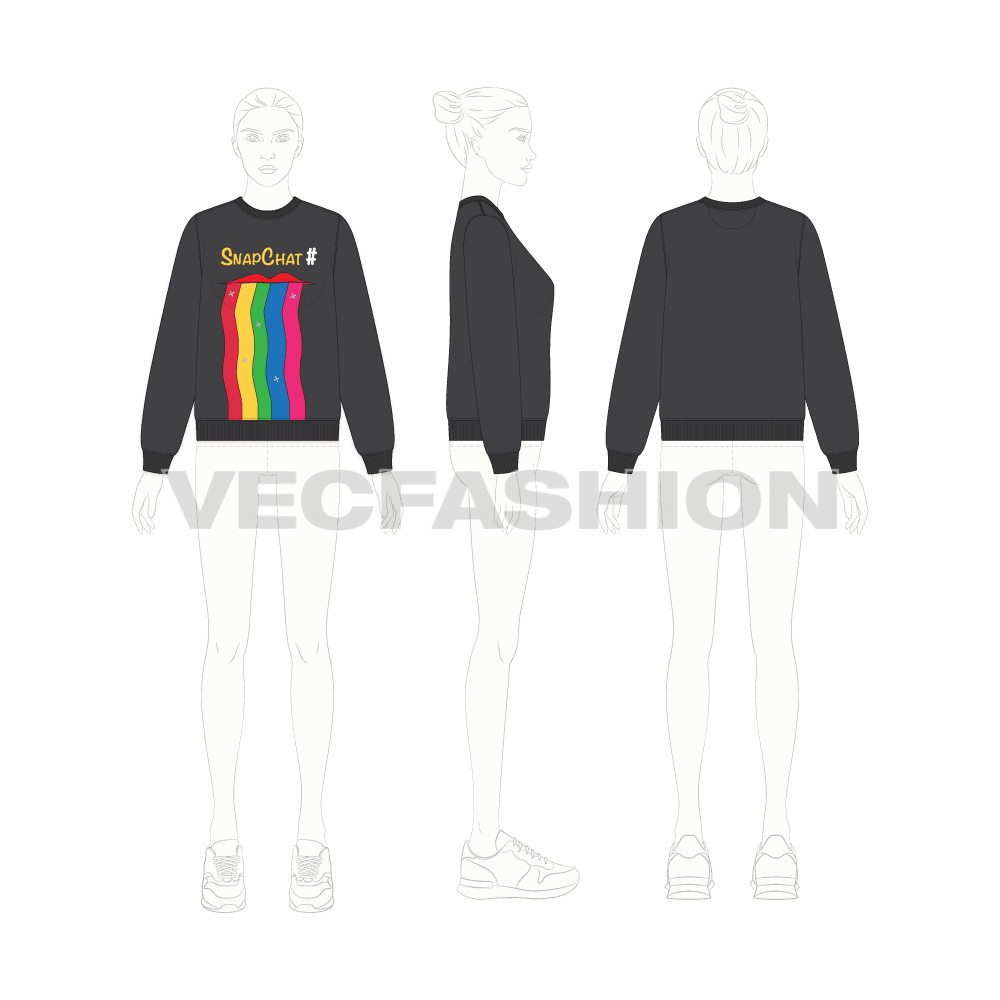Womens snapchat sweatshirt flat sketch, croqui sketch